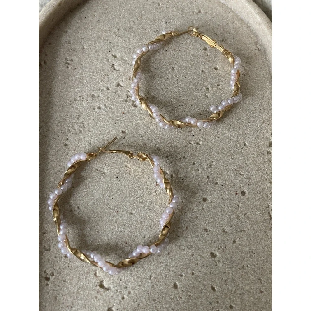 Gold Tone Twisted Hoop‎ Earrings with Faux Pearl Beads Romantic Feminine Glam